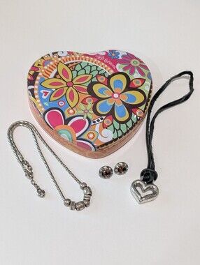 Brighton Jewelry Lot Includes Crystal Earrings Necklace Bag Charm Storage Tin